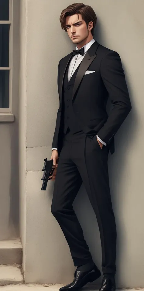 man, brown hair, black tuxedo, looking stern, holding a pistol, leaning against the wall in the city, 4k, 8k, high quality, masterpiece, best quality, hd, extremely detailed