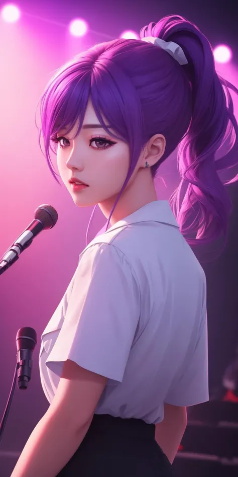 k-pop singer, on stage, purple hair with ponytails, brown eyes, 8k, high quality, masterpiece, best quality, hd, extremely detailed, volumetric lighting, photorealistic