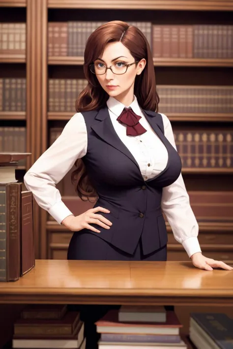 a stern woman librarian beside the shelf.