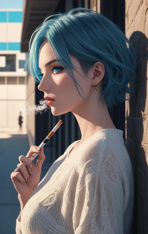 woman leaning against a wall of a parking garage, blue hair, holding a cigarette, blue eyes, trendy clothing, 4k, 8k, volumetric lighting, intricate detail, amazing quality, best quality, masterpiece, photorealistic, sharp focus, UHD, ultra-hd, high resolution