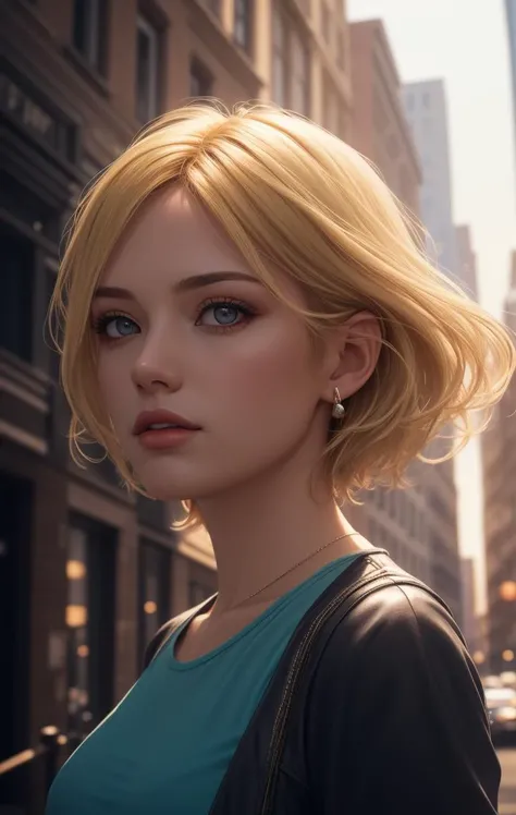 blonde woman, in the city, upper body perspective, 4k, 8k, volumetric lighting, intricate detail, amazing quality, best quality, masterpiece, photorealistic, sharp focus, UHD, ultra-hd, high resolution