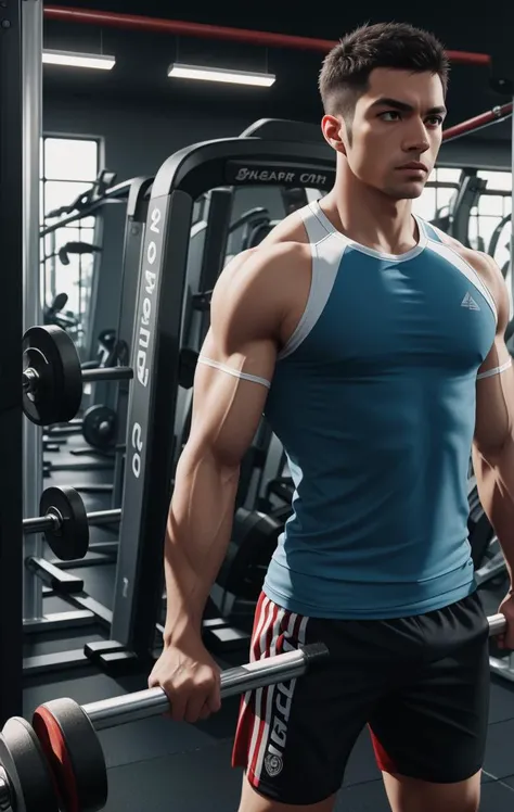 man, at the gym, (looking at viewer), 4k, 8k, volumetric lighting, intricate detail, amazing quality, best quality, masterpiece, photorealistic, sharp focus, UHD, ultra-hd, high resolution