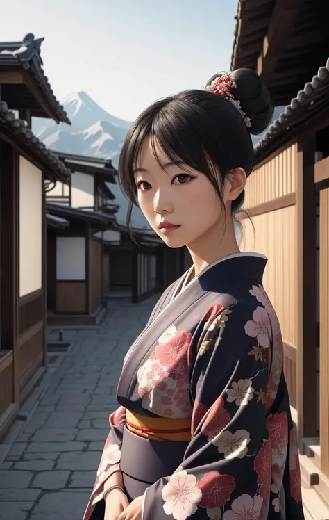 japanese woman, kimono, in the japanese village, mountains, black bun hair, looking at viewer, 4k, 8k, volumetric lighting, intricate detail, amazing quality, best quality, masterpiece, photorealistic, sharp focus, UHD, ultra-hd, high resolution