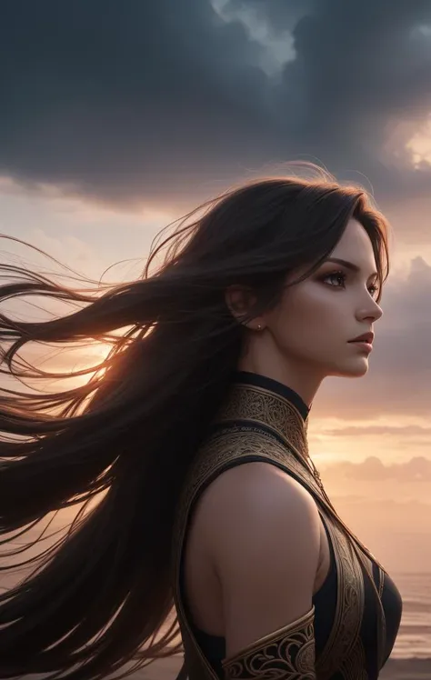 warrior woman, long brunette hair flowing, windy, gray sky, upper body perspective, 4k, 8k, volumetric lighting, intricate detail, amazing quality, best quality, masterpiece, photorealistic, sharp focus, UHD, ultra-hd, high resolution