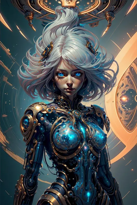 masterpiece, best quality, (8k NSFW (full nude body portrait)) beautiful slender pleasure cyborg, glowing electric LONG FLOWING WHITE hair, medium breasts, translucent skin, (intricate elegant highly detailed body suit majestic gold circuit board trace filigree), body surrounded by flares of kvoid energy, pulses of kvoid energy move through her body, (her legs open), art by artgerm and ruan jia and greg rutkowski surreal painting,
(stunningly attractive face),
(detailed electric blue eyes),
(beautiful, detailed pussy),
(V0id3nergy:1.8)
(sidelighting, finely detailed beautiful light eyes: 1.2),
gritty metro world, <lora:GPTS2 Heavy:0.8> <lora:translucent_skin:0.8> <lora:reelmech:0.64> <lora:XenoDetailer:0.74> <lora:kVoidEnergy:0.75>