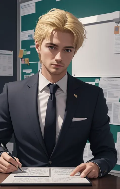 man, business suit, blonde hair, writing something, bulletin board on wall, in the office, 4k, 8k, volumetric lighting, intricate detail, amazing quality, best quality, masterpiece, photorealistic, sharp focus, UHD, ultra-hd, high resolution