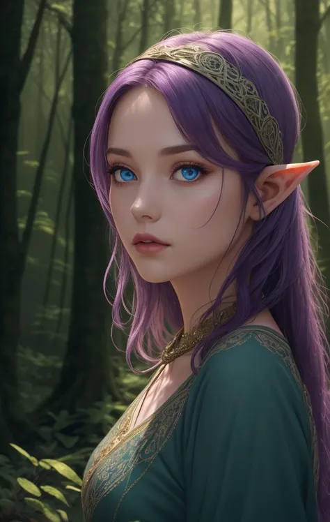 elf, woman, headband, blue eyes, purple hair, majestic dress, upper body perspective, 1girl, looking at viewer, in the forest, 4k, 8k, volumetric lighting, intricate detail, amazing quality, best quality, masterpiece, photorealistic, sharp focus, UHD, ultra-hd, high resolution