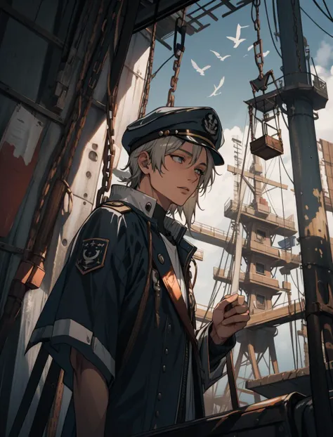 1boy, solo, upper body, looking down, detailed background, detailed face, male ship captain, blue captain uniform, elaborate cloak, navy insignia, dynamic pose, in dock, rigging, anchor, nauticalinstruments, lighthouse in background, dusk, dramatic lighting, <lora:lightV1:1>