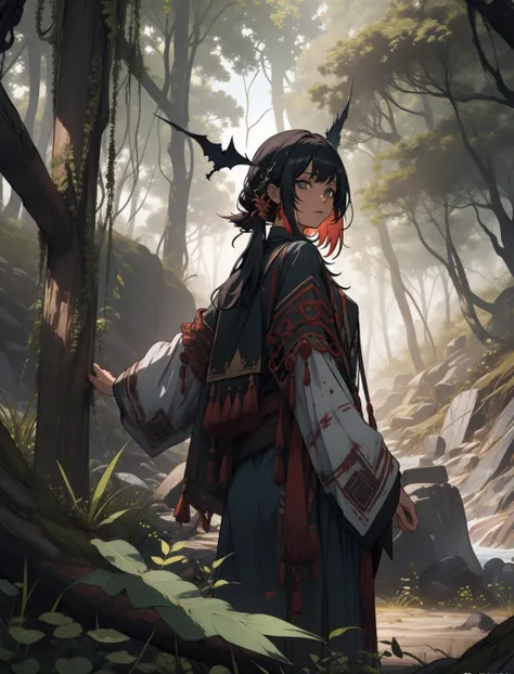 solo, half shot, looking at viewer, detailed background, detailed face, (<lora:BohoAI:0.6>, bohoai, boho theme:1.1)   jungle warrior, blue tribal clothing,  tribal markings, bones, blood,    defensive stance,      rocks, fronds, vines, mysterious, beach in background, bats in background,  sunshine, cinematic atmosphere,,  <lora:lightV1:1>
