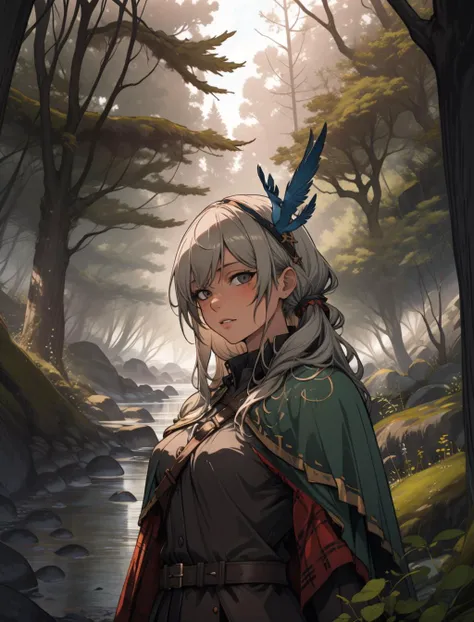 portrait, looking at viewer, solo, upper body, detailed background, detailed face, (tribal celtic barbarian theme:1.1) robin hood, medieval fantasy setting, high fantasy, gray leather clothes, cape, gloves, straps, belt, dark forest, bushes, ivy, rocks, ravine, (Style-SwampMagic:0.4), evergreen trees, roots, fallen leaves, flowers, birds, (snow:0.7), , <lora:lightV1:1>