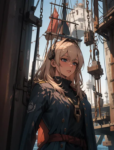 solo, upper body, looking down, detailed background, detailed face, (<lora:DwemerTech:0.7> dwemertech, brass theme:1.1), ship captain,  pink  captain uniform, elaborate cloak,  navy insignia, dynamic pose, in dock,  rigging,  anchor, nauticalinstruments, lighthouse in background, dusk, dramatic lighting,  <lora:lightV1:1>