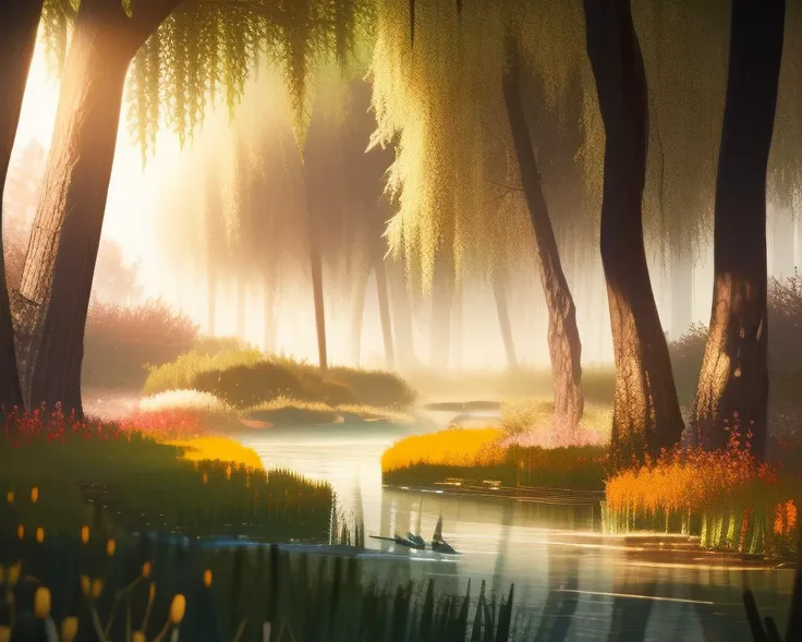 In a dense forest, with green  willows hanging over a stream, rocks in the stream, cattails, bushes, grass, flowers, butterflies. High Contrast, High Saturation, Highly detailed, high quality, masterpiece, rim lighting, volumetric light, vibrant colors, depth of field. <lora:lightV1:1>  <lora:landscapes-6-2023-04-27-120356-6faaedf2:1>