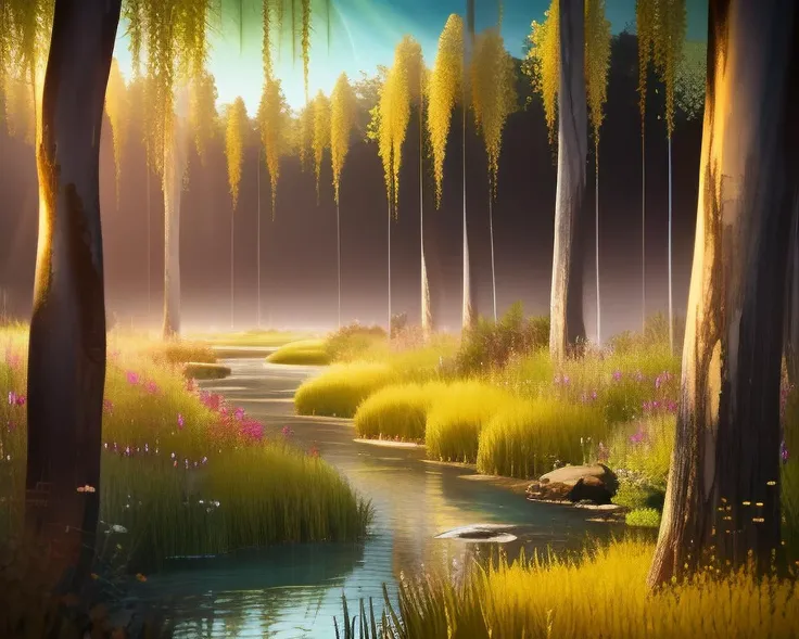 In a dense forest, with green willows hanging over a stream, rocks in the stream, cattails, bushes, grass, flowers, butterflies. High Contrast, High Saturation, Highly detailed, high quality, masterpiece, rim lighting, volumetric light, vibrant colors, depth of field. <lora:lightV1:1> <lora:landscapes-6-2023-04-27-120356-6faaedf2:1>