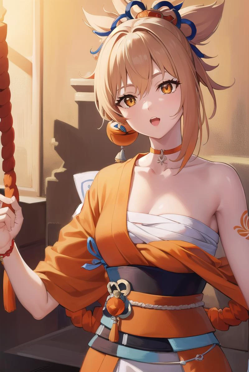 yoimiya, <lyco:yoimiya-lyco-nochekaiser:1>,
yoimiya, arm tattoo, choker, hair ornament, light brown hair, long hair, (orange eyes:1.5), red choker, sidelocks, <lora:talkmouth_U_v100:0.8>, open mouth, smile,
BREAK arm tattoo, bandaged arm, bandaged leg, bandages, bracelet, chest sarashi, chest tattoo, cleavage, collarbone, fingerless gloves, fish tattoo, gloves, hadanugi dousa, japanese clothes, jewelry, kimono, kinchaku, obi, orange kimono, rope, sarashi, sash, shimenawa, single fingerless glove, tattoo, vision (genshin impact), wide sleeves,
BREAK outdoors, night, fireworks, festival,
BREAK looking at viewer, (cowboy shot:1.5)
BREAK <lyco:GoodHands-beta2:1>, (masterpiece:1.2), best quality, high resolution, unity 8k wallpaper, (illustration:0.8), (beautiful detailed eyes:1.6), extremely detailed face, perfect lighting, extremely detailed CG, (perfect hands, perfect anatomy),