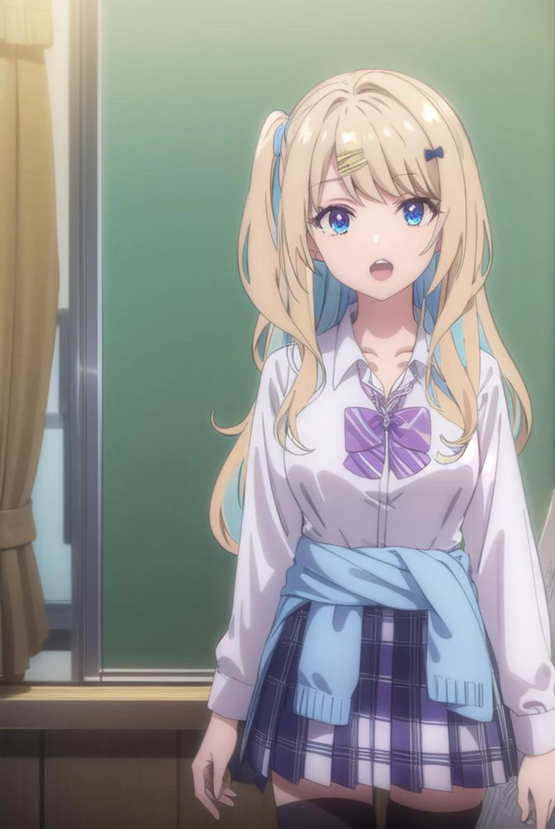 lunashirakawa, <lora:lunashirakawa-lora-nochekaiser:0.8>,
luna shirakawa, long hair, blue eyes, blonde hair, hair ornament, bow, multicolored hair, hairclip, <lora:talkmouth_U_v100:1>, open mouth, smile,
BREAK skirt, shirt, thighhighs, bow, school uniform, white shirt, pleated skirt, shoes, black thighhighs, bowtie, blue skirt, plaid, plaid skirt, loafers, purple bow, clothes around waist, gyaru, purple bowtie,
BREAK looking at viewer,
BREAK indoors, classroom, (cowboy shot:1.5),
BREAK <lyco:GoodHands-beta2:1>, (masterpiece:1.2), best quality, high resolution, unity 8k wallpaper, (illustration:0.8), (beautiful detailed eyes:1.6), extremely detailed face, perfect lighting, extremely detailed CG, (perfect hands, perfect anatomy),