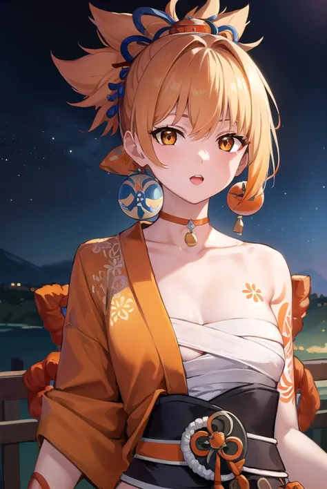 yoimiya, <lyco:yoimiya-lyco-nochekaiser:1>,
yoimiya, arm tattoo, choker, hair ornament, light brown hair, long hair, (orange eyes:1.5), red choker, sidelocks, <lora:talkmouth_U_v100:0.8>, open mouth, smile,
BREAK arm tattoo, bandaged arm, bandaged leg, bandages, bracelet, chest sarashi, chest tattoo, cleavage, collarbone, fingerless gloves, fish tattoo, gloves, hadanugi dousa, japanese clothes, jewelry, kimono, kinchaku, obi, orange kimono, rope, sarashi, sash, shimenawa, single fingerless glove, tattoo, vision (genshin impact), wide sleeves,
BREAK outdoors, night, fireworks, festival,
BREAK looking at viewer, (cowboy shot:1.5)
BREAK <lyco:GoodHands-beta2:1>, (masterpiece:1.2), best quality, high resolution, unity 8k wallpaper, (illustration:0.8), (beautiful detailed eyes:1.6), extremely detailed face, perfect lighting, extremely detailed CG, (perfect hands, perfect anatomy),