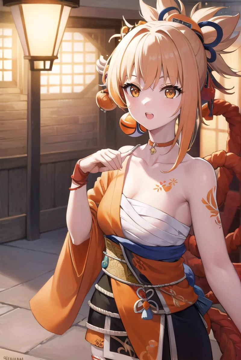 yoimiya, <lyco:yoimiya-lyco-nochekaiser:1>,
yoimiya, arm tattoo, choker, hair ornament, light brown hair, long hair, (orange eyes:1.5), red choker, sidelocks, <lora:talkmouth_U_v100:0.8>, open mouth, smile,
BREAK arm tattoo, bandaged arm, bandaged leg, bandages, bracelet, chest sarashi, chest tattoo, cleavage, collarbone, fingerless gloves, fish tattoo, gloves, hadanugi dousa, japanese clothes, jewelry, kimono, kinchaku, obi, orange kimono, rope, sarashi, sash, shimenawa, single fingerless glove, tattoo, vision (genshin impact), wide sleeves,
BREAK outdoors, night, fireworks, festival,
BREAK looking at viewer, (cowboy shot:1.5)
BREAK <lyco:GoodHands-beta2:1>, (masterpiece:1.2), best quality, high resolution, unity 8k wallpaper, (illustration:0.8), (beautiful detailed eyes:1.6), extremely detailed face, perfect lighting, extremely detailed CG, (perfect hands, perfect anatomy),