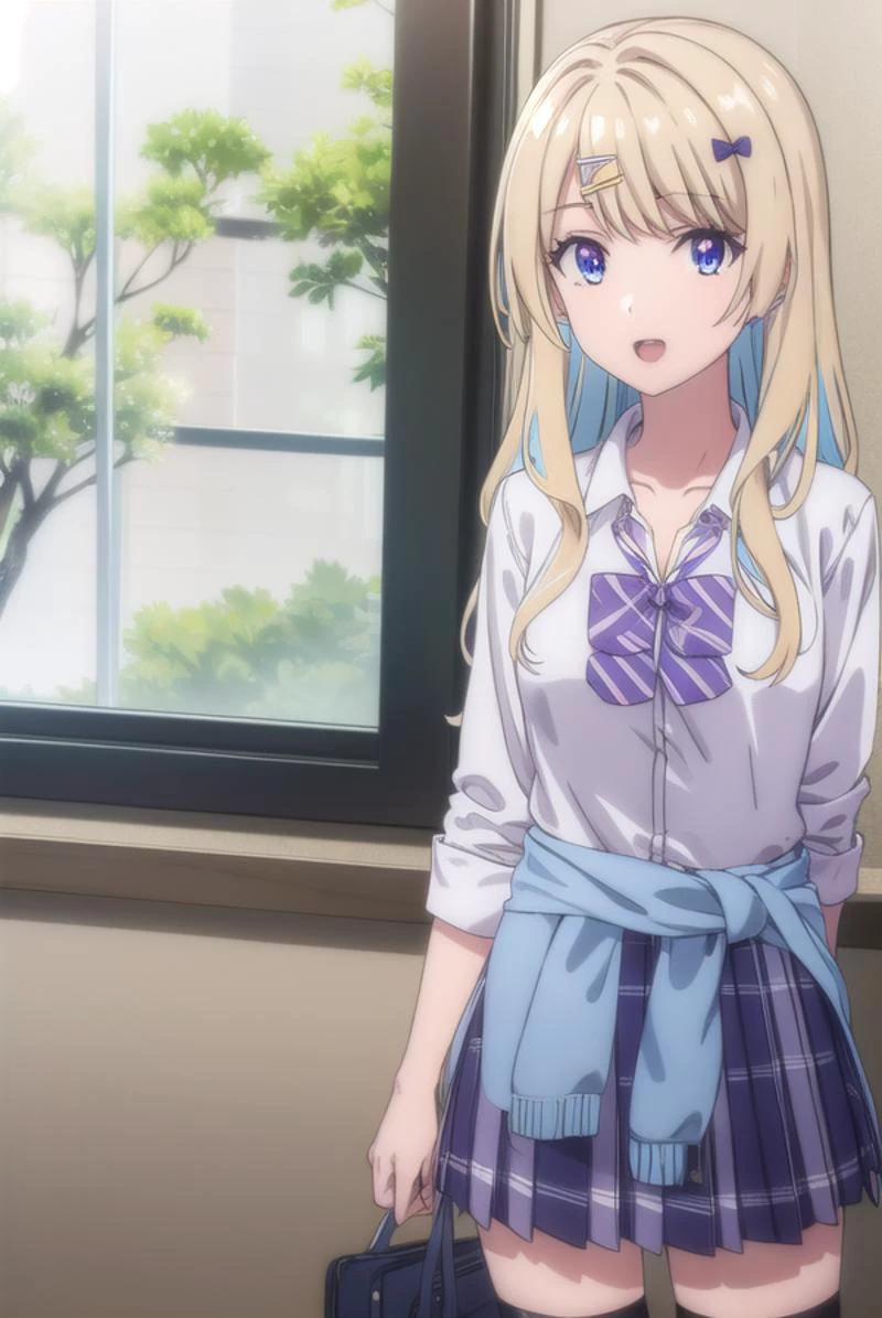 lunashirakawa, <lora:lunashirakawa-lora-nochekaiser:0.8>,
luna shirakawa, long hair, blue eyes, blonde hair, hair ornament, bow, multicolored hair, hairclip, <lora:talkmouth_U_v100:1>, open mouth, smile,
BREAK skirt, shirt, thighhighs, bow, school uniform, white shirt, pleated skirt, shoes, black thighhighs, bowtie, blue skirt, plaid, plaid skirt, loafers, purple bow, clothes around waist, gyaru, purple bowtie,
BREAK looking at viewer,
BREAK indoors, classroom, (cowboy shot:1.5),
BREAK <lyco:GoodHands-beta2:1>, (masterpiece:1.2), best quality, high resolution, unity 8k wallpaper, (illustration:0.8), (beautiful detailed eyes:1.6), extremely detailed face, perfect lighting, extremely detailed CG, (perfect hands, perfect anatomy),