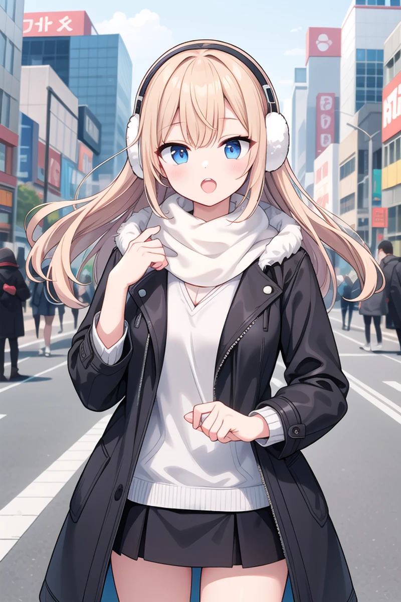 <lora:talkmouth_U_type1_v200:1>
insanely detailed, absurdres, ultra-highres, ultra-detailed, best quality,
1girl, solo, nice hands, perfect hands
BREAK
(wearing a black coat over a white tank top:1.3), (open coat:1.3), (tight leather black mini skirt:1.3), (floating scarf:1.2), (Nordic patterned winter scarf:1.3), ((Covers both ears with fluffy white fur, fluffy Earmuff):1.3), (heeled boots:1.2),
(See-through:-1), (white coat:-1), (black tank top:-1), (tank:-1), (navel:-1)
BREAK
(nsfw:-1.5)
BREAK
smile, open mouth
BREAK
(45 angle:-1.5), (from side:-1.5),
standing, cowboy shot, looking at viewer
BREAK
slender, kawaii, perfect symmetrical face, ultra cute girl, ultra cute face, ultra detailed eyes, ultra detailed hair, ultra cute, ultra beautiful
BREAK
in street, cityscape in akihabara, depth of field, ultra detailed background
BREAK
medium large breasts
BREAK
blonde hair, blue eyes, crochet braids,