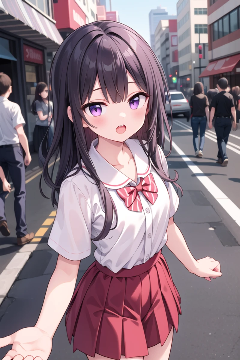 <lora:talkmouth_U_type1_v200:1>
insanely detailed, absurdres, ultra-highres, ultra-detailed, best quality,
1girl, solo, nice hands, perfect hands
BREAK
summer school uniform, (plain dark red skirt with many pleats:1.4), (striped red bowtie:1.3), short sleeves, white shirt, shirt with white button, shirt_tucked_in
BREAK
(breast pocket, vest, blazor, long sleeves, checked skirt, striped skirt, striped shirt, striped sleeves, bra visible through clothes, skirt with frill:-1)
BREAK
(nsfw:-1.5)
BREAK
smile, open mouth
BREAK
from above,
standing, cowboy shot, looking at viewer
BREAK
slender, kawaii, perfect symmetrical face, ultra cute girl, ultra cute face, ultra detailed eyes, ultra detailed hair, ultra cute, ultra beautiful
BREAK
in street, cityscape in harajuku, depth of field, ultra detailed background
BREAK
medium breasts
BREAK
purple hair, purple eyes, messy hair,