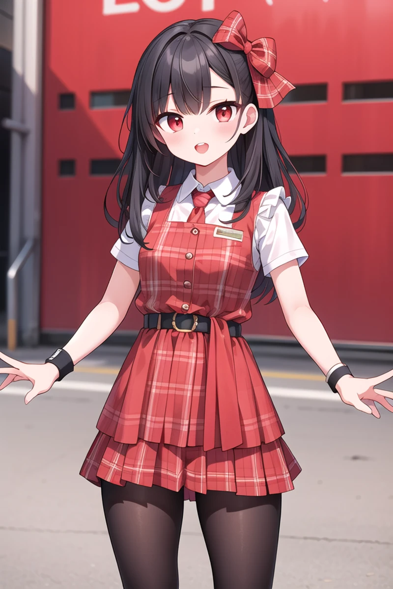 <lora:talkmouth_U_type1_v200:1>
insanely detailed, absurdres, ultra-highres, ultra-detailed, best quality,
1girl, solo, nice hands, perfect hands
BREAK
(Enchant:1.4), (red theme:1.5), ((red plaid pattern, tone on tone):1.4), (idol uniform:1.2), (fusion of sleeveless (red plaid pattern) vest and red sundress:1.4), (red tie:1.4), ((red plaid pattern) multi-layered skirt with ruffles:1.3), ((red:1.3) platform HIGH boots:1.1), (red plaid pattern ribbon on head:1.3)
BREAK
(short sleeve white collared-shirt dress layering:1.2), (black pantyhose:1.2), (belt:1.3), (wristband:1.3), (naked skin:-1), (black vest:-1), (white vest:-1), (black skirt:-1), (white skirt:-1), (cleavage:-1.5)
BREAK
smile, open mouth
BREAK
(45 angle:-1.5), (from side:-1.5),
standing, cowboy shot, looking at viewer
BREAK
slender, kawaii, perfect symmetrical face, ultra cute girl, ultra cute face, ultra detailed eyes, ultra detailed hair, ultra cute, ultra beautiful
BREAK
in schoolyard, depth of field, ultra detailed background
BREAK
medium large breasts
BREAK
black hair, red eyes, cornrows,