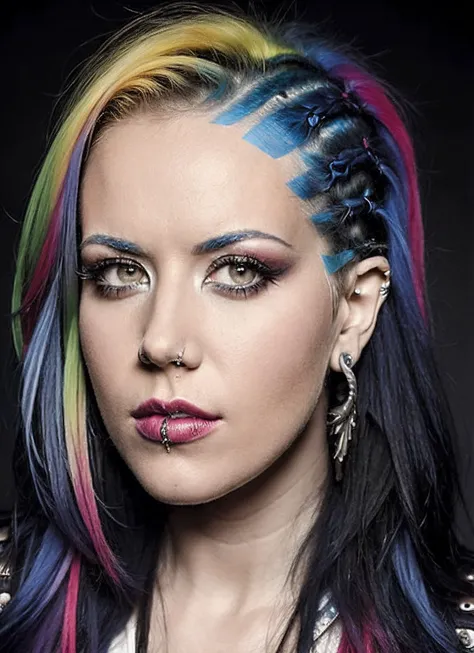 portrait of sks woman by Flora Borsi, style by Flora Borsi, bold, bright colours, rainbow Mohawk haircut, ((Flora Borsi)), <lora:locon_alissawhitegluz_v1_from_v1_64_32:1.25>