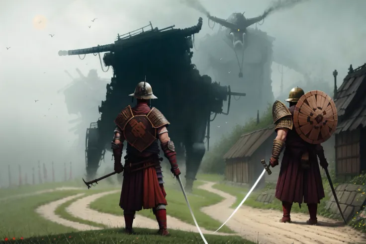 beautiful, masterpiece, best quality, perfect lighting, <lora:jkrz - JakubRozalskiStyle2:1>, jkrz, weapon, japanese armor, armor, sword, samurai, holding weapon, shield, helmet, holding shield, grass, holding, outdoors, shoulder armor, holding sword, full armor, sode, multiple boys, katana, standing, torii, multiple others, kabuto (helmet), over shoulder, weapon over shoulder, ambiguous gender, bird ,,