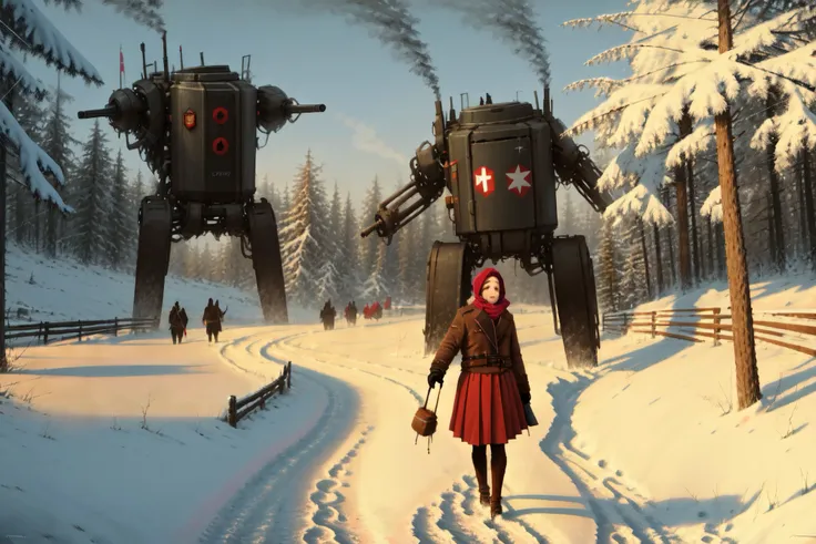 beautiful, masterpiece, best quality, perfect lighting, <lora:jkrz - JakubRozalskiStyle2:1>, jkrz, winter, snowing, snow, horror \(theme\), robot, mecha, outdoors, science fiction, 1girl, tree, skirt, smoke, grass, non-humanoid robot, flag, scenery