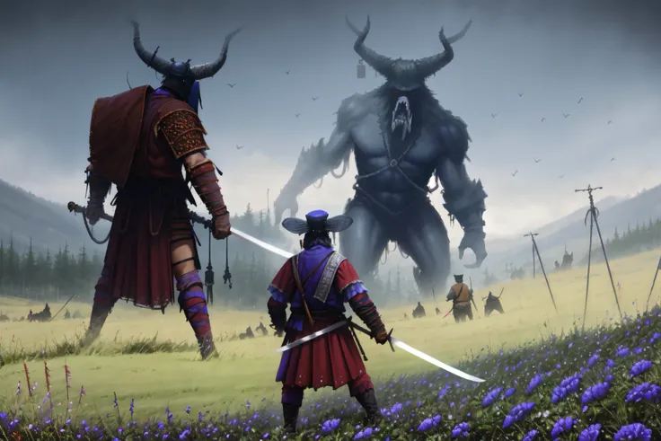 beautiful, masterpiece, best quality, perfect lighting, <lora:jkrz - JakubRozalskiStyle2:1>, jkrz, weapon, sword, holding weapon, holding sword, holding, hat, flower, outdoors, katana, multiple boys, samurai, multiple others, sheath, field, standing, grass, dual wielding, giant, armor, japanese clothes, black hair, horns, blue flower, bird, japanese armor, scabbard, fog, sickle, from behind