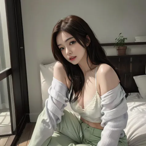 masterpiece, exstreme detailed, best quality, ultra highres, photorealistic, RAW photo, soft lighting, volumetic, 1girl, reikamiki,<lora:reikamiki:0.6>, wearing green<aodaivietnameselong_v10:0.8>, white pants,