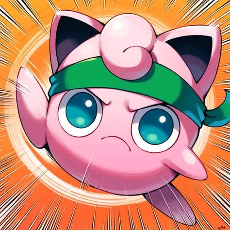 score_9_up, score_8_up, score_7_up, best quality, masterpiece, source_anime, detailed background, (orange background, speed lines:1.3), BREAK 1girl, solo, jigglypuff_(\pokemon\), pokemon_(creature), pink body, circle body, big ears, pink hair, big eyes, green eyes, angry, green headband, kicking, looking at viewer, <lora:PDXL_Jigglypuff_PKMN:1>