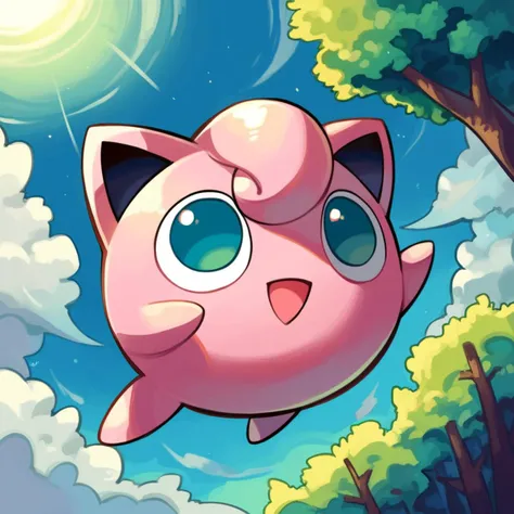 score_9_up, score_8_up, score_7_up, best quality, masterpiece, source_anime, detailed background, blue background, clouds, trees, looking up:1.2, BREAK 1girl, solo, jigglypuff_(\pokemon\), pokemon_(creature), pink body, circle body, big ears, pink hair, big eyes, green eyes, smile, jumping, open mouth, <lora:PDXL_Jigglypuff_PKMN:1>