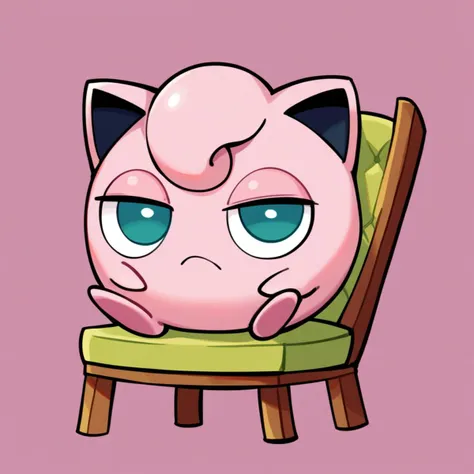 score_9_up, score_8_up, score_7_up, best quality, masterpiece, source_anime, (pink background, chair:1.2), narrowed eyes:1.5, BREAK 1girl, solo, jigglypuff_(\pokemon\), pokemon_(creature), pink body, circle body, big ears, pink hair, big eyes, green eyes, sitting, frown, <lora:PDXL_Jigglypuff_PKMN:1>