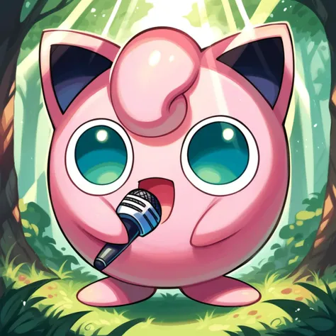 score_9_up, score_8_up, score_7_up, best quality, masterpiece, source_anime, detailed background, forest, light rays, BREAK 1girl, solo, jigglypuff_(\pokemon\), pokemon_(creature), pink body, circle body, big ears, pink hair, big eyes, green eyes, singing, (holding microphone:1.3), smile, open mouth, <lora:PDXL_Jigglypuff_PKMN:1>