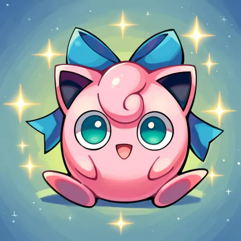 score_9_up, score_8_up, score_7_up, best quality, masterpiece, source_anime, detailed background, blue background, sparkles, BREAK 1girl, solo, jigglypuff_(\pokemon\), pokemon_(creature), pink body, circle body, big ears, pink hair, big eyes, green eyes, smile, blue bow, sitting, open mouth, looking at viewer, <lora:PDXL_Jigglypuff_PKMN:1>