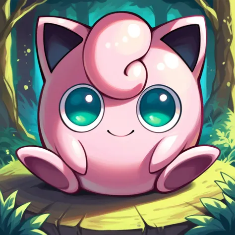 score_9_up, score_8_up, score_7_up, best quality, masterpiece, source_anime, detailed background, green background, forest, BREAK 1girl, solo, jigglypuff_(\pokemon\), pokemon_(creature), pink body, circle body, big ears, pink hair, big eyes, green eyes, smile, sitting, looking at viewer,  <lora:PDXL_Jigglypuff_PKMN:1>