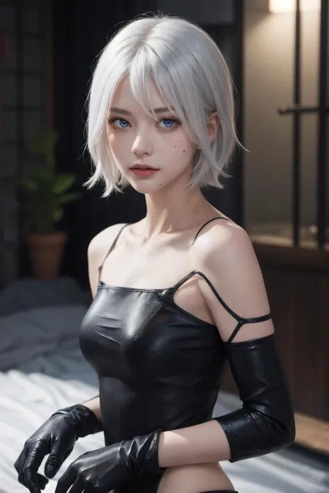 RealのSelfie、Nier:Beautiful cosplay of 2b from Automata、2b takes a selfie、2bのコスプレをした女性のSelfie、White skin、expensive、Great style、Big Breasts、Small face、Small Head、expensive鼻、Beautiful Face、30 years old、British women、British Half、Nier:2b&#39;Automata&#39;s Black Costume、Wearing a black blindfold、Stylish Background、Light background、Blur the background、Fantasyな都市を背景に、peace sign、((2bのSelfie))、((Focus Zoom))、((Face Enhancement))、Shooting from an angle、masterpiece、Highest quality、High resolution、コスプレイヤーのSelfie、Selfie、Professional Photo Model、Fantasy、Glaring at the audience、Angry expression、Cosplay Makeup、Real Cosplay Photos、Cool and beautiful pictures、Wrapped in a pale white glow、good looking