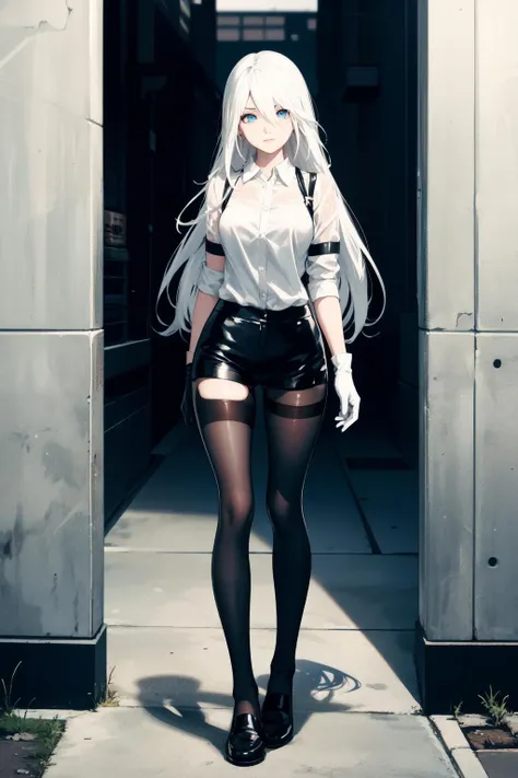 ((Biologically correct limb count))、(( From head to toe、Full-body photo including face))、4K、((Standing position))、masterpiece、((Focus on the face))、((Symmetrical facial features))、Eyes with detailed description、Beautiful woman、Great style、Beautiful arms、Beautiful legs、Beautiful Hands、(Small Ass、Thin thighs)、Facial detailing、Small earrings、necklace、(bra、pants、Latex Uniform、Latex skirt、High heels、stockings)、Face close-up、Surprise expression、The background is the park in the morning.、beret、Silver Hair