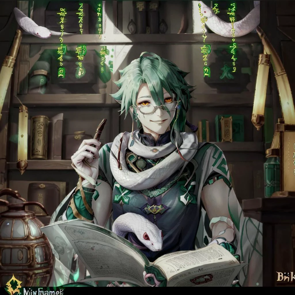reading a dark devil blood book, evil grin, white snake, glasses, green hair, baizhu_\(genshin_impact\) <lora:baizhu:1> alchemy potions on shelf in background, dim lighting, volumetric lighting
