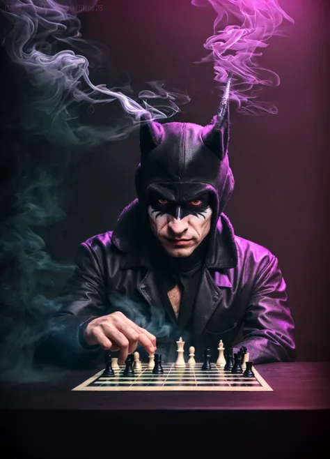 realistic cinematic still, correct_fingers, portrait photo of a ([(batman:1.05) | (joker:0.95) | (batman:1.05) | (joker:0.95)]:1.25) playing (the chess alone:1.15), (eerie dark room with neon lights:1.1), dense (turbulent smoke:1.15), (toxic vapors:1.1) and (pink toy unicorns:1.15), (giant black swan in smooth background bokeh:1.15), flawlessly photographed, high quality, [grayscale | dimmed colors | vibrant color splashes]