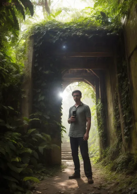 realistic cinematic still, correct_fingers, feminine_anatomy, extreme long shot, a weathered explorer stands before the entrance of a long-forgotten temple, overgrown with vines and shrouded in mist, a weathered satchel slung over one shoulder, anticipation, hidden treasures, sunlight filtering through leaves,  14mm, highly detailed, crumbling stonework, realistic, dappled light, depth of field, ultra-detailed foliage and artifacts, cinematic, well-lit composition, canon photography, iconic, professional photography, award-winning photography, extreme wide shot, flawlessly photographed, high quality, [grayscale | dimmed colors | vibrant color splashes], shallow depth of field, swirly bokeh, small led lights in background, correct_fingers