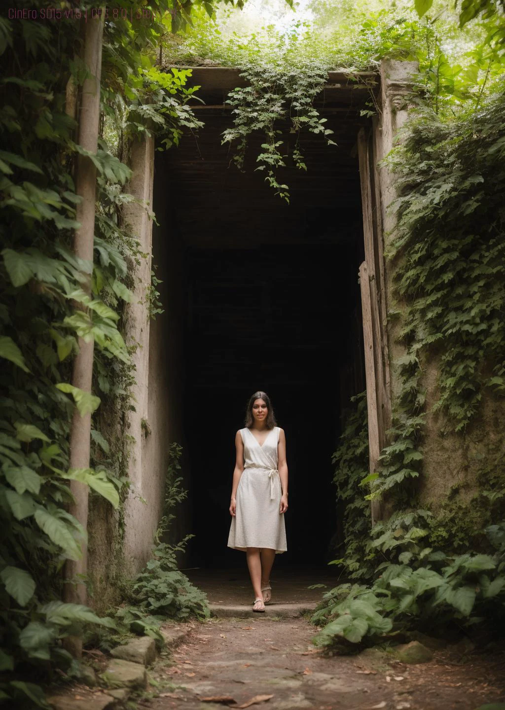 realistic cinematic still, correct_fingers, feminine_anatomy, extreme long shot, a weathered explorer stands before the entrance of a long-forgotten temple, overgrown with vines and shrouded in mist, a weathered satchel slung over one shoulder, anticipation, hidden treasures, sunlight filtering through leaves,  14mm, highly detailed, crumbling stonework, realistic, dappled light, depth of field, ultra-detailed foliage and artifacts, cinematic, well-lit composition, canon photography, iconic, professional photography, award-winning photography, extreme wide shot, flawlessly photographed, high quality, [grayscale | dimmed colors | vibrant color splashes], shallow depth of field, swirly bokeh, small led lights in background, correct_fingers