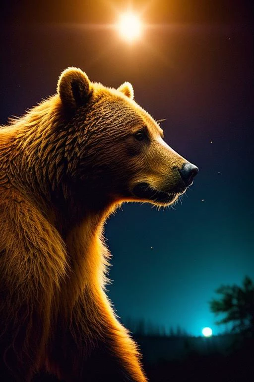 an concept art of alchemic element - European Brown Bear (Ursus arctos arctos): A powerful and imposing mammal with a dense fur coat that ranges from light brown to almost black. The muscular body and distinct shoulder hump emphasize its strength. The subject stands proudly as the center of attention, bathed in the tender glow. The light plays with shadows, creating a dance of artistry on its surface, emphasizing even the tiniest nuances that make it unique. A halo of brilliance surrounds the subject, enhancing its elegance and evoking a sense of wonder and mystery., in nature habitat, rim lights, digital art, focus on subject, duch angle, clsoe shot, closeup, masterpiece, ultrasharp, intricated details