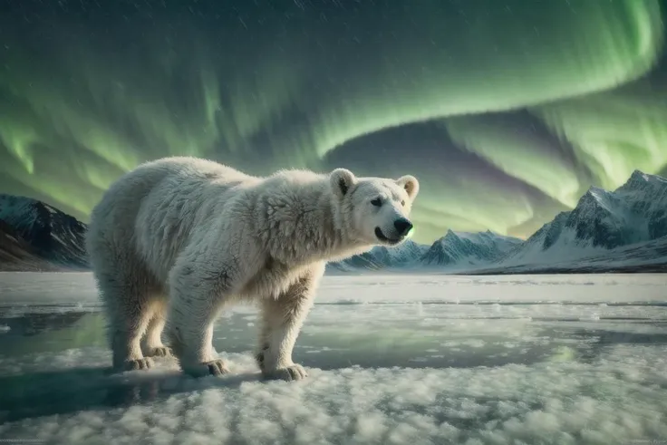 a profestional picutre of winter ,Svalbard, Norway: In the Arctic archipelago of Svalbard, polar bears roam amidst vast icy expanses, and frozen fjords glisten under the ethereal glow of the northern lights. ,wide angle, landscape , photorealism,unreal 5 daz, extremely detailed ,((ultrasharp)),((masterpiece)),((best quality)),((ultradetailed)),((intricated details)), extremaly detailed background, <lora:add_detail:0.7> ultra realistic,32k,RAW photo, 8k ,dslr,soft lighting,high quality,film grain, beautiful and aesthetic,extremely detailed, natural shadows, <hypernet:sxzBloom_sxzBloom:0.7>
