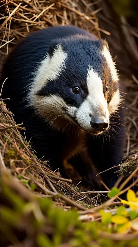 an concept art of alchemic element - European Badger (Meles meles): A stout and sociable mammal with a distinctive black and white striped face that sets it apart from its woodland counterparts. The camera's angle frames the subject in a way that unveils its essence, unveiling secrets that lie within its form. Shadows and highlights create a harmonious symphony, revealing an extraordinary interplay of light and darkness, unveiling layers of depth that leave us captivated., in nature habitat, rim lights, digital art, focus on subject, duch angle, clsoe shot, closeup, masterpiece, ultrasharp, intricated details