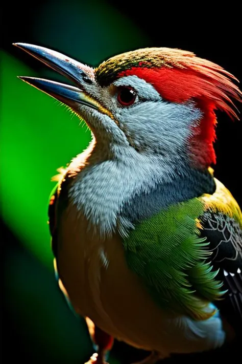 an concept art of alchemic element - European Green Woodpecker (Picus viridis): A striking bird with vibrant green plumage on its back, complemented by a bright red crown on the head. The camera's angle frames the subject in a way that unveils its essence, unveiling secrets that lie within its form. Shadows and highlights create a harmonious symphony, revealing an extraordinary interplay of light and darkness, unveiling layers of depth that leave us captivated., in nature habitat, rim lights, digital art, focus on subject, duch angle, clsoe shot, closeup, masterpiece, ultrasharp, intricated details