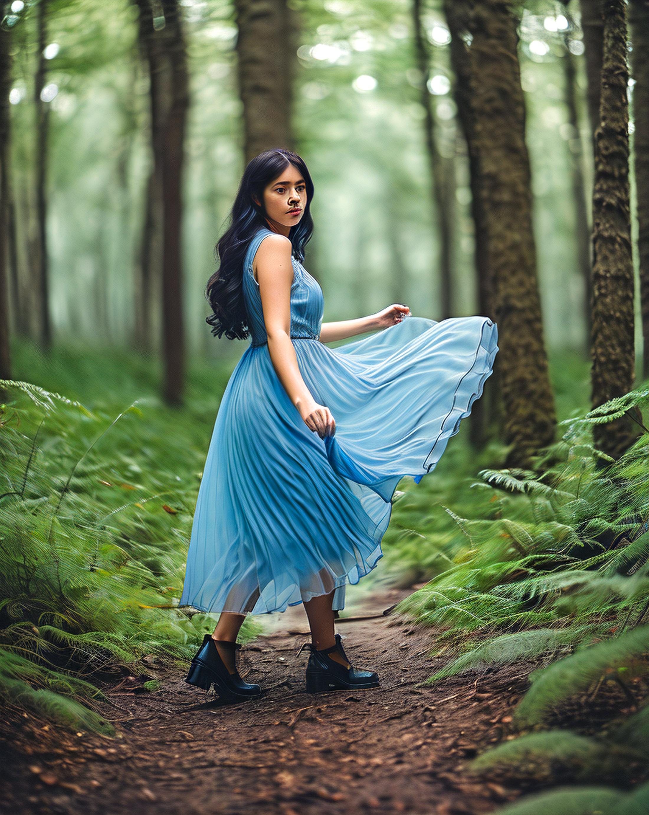 Arafed woman in a blue dress walking through a forest - SeaArt AI
