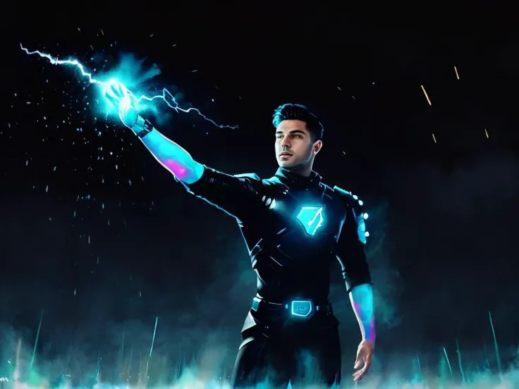 A full body portrait of a levitating powerful man wearing futuristic mage uniform raised arm outstretched hand spraying a whirlwind of cyan and azure light dragons, highly detailed eyes, 2d art cover, official fanart behance hd artstation, masterpiece, smooth render, watercolor, 8k quality, lightning, meteor shower,