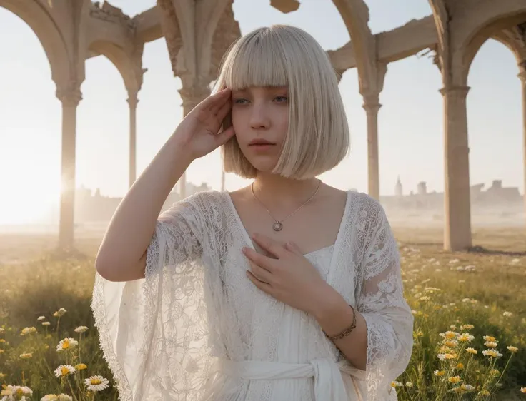 touchism, giant creature in horizon, wind blowing, breathtaking remarkable photo of worrying (21yo [mongol:slavic:0.75] (woman:0.85) with white inverted bob haircut:1.135) waving (perfect feminine hands:1.225) wearing [(white see-through negligee:0.8):white summer robe:0.75] with chamomile pattern, (mole, innocent face, gloom:0.85), (damaged ruins and explosions in background, intricate outdoor morning background with bokeh:1.125), (turbulent fog:0.975), (natural high key light:0.45), (perfect fingers, natural skin texture with pigment variations:1.125), (intricate:1.1) (depth of field, light leaks, sun flares, analog film grain:0.85), hair covering one eye, little cute tattoo