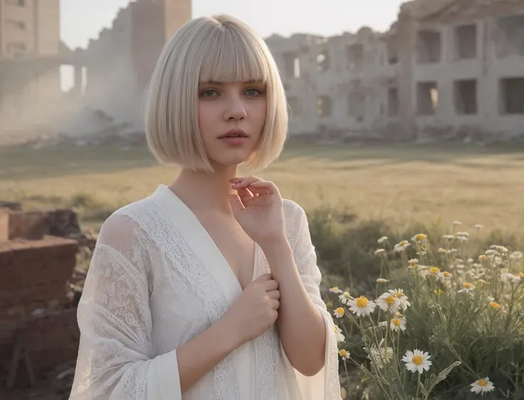 touchism, giant creature in horizon, wind blowing, breathtaking remarkable photo of worrying (21yo [mongol:slavic:0.75] (woman:0.85) with white inverted bob haircut:1.135) waving (perfect feminine hands:1.225) wearing [(white see-through negligee:0.8):white summer robe:0.75] with chamomile pattern, (mole, innocent face, gloom:0.85), (damaged ruins and explosions in background, intricate outdoor morning background with bokeh:1.125), (turbulent fog:0.975), (natural high key light:0.45), (perfect fingers, natural skin texture with pigment variations:1.125), (intricate:1.1) (depth of field, light leaks, sun flares, analog film grain:0.85), hair covering one eye, little cute tattoo